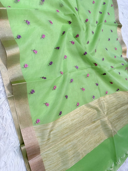 Pista green  shade cotton kota embroidery Banarasi saree