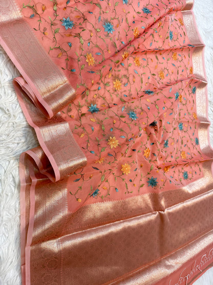 Peach shade kora organza  embroidery Banarasi saree