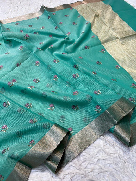 Sea green shade cotton kota embroidery Banarasi saree