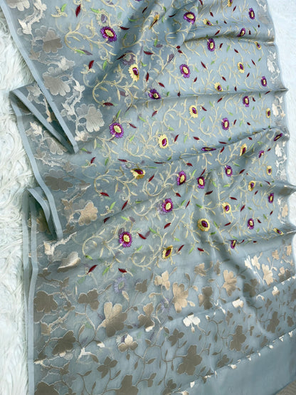 Grey  kora organza embroidery Banarasi saree