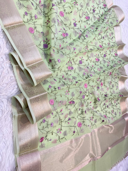 Pista green  shade organza embroidery Banarasi saree