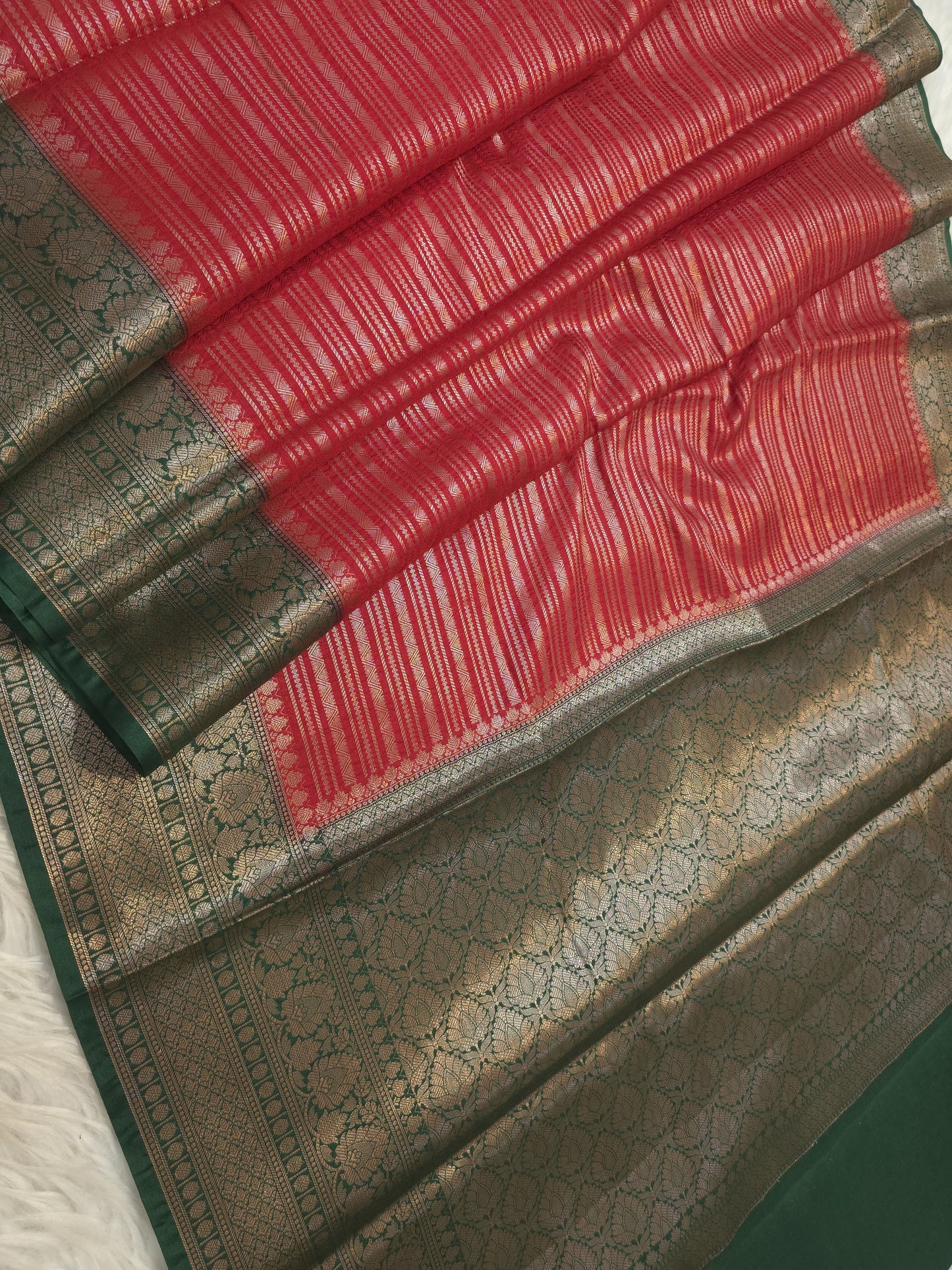 Red & bottle green shade  Dupion Silk premium Banarasi Saree
