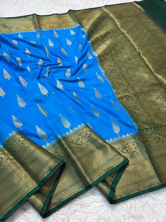 blue Bottle green shade Dupion Silk Banarasi Saree 