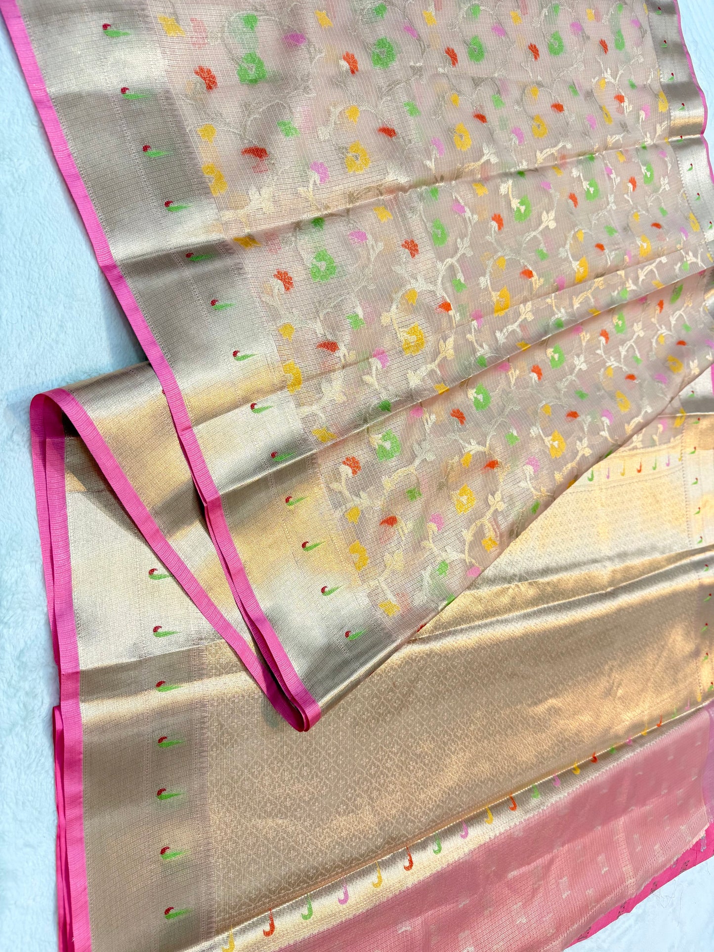 Peach & multicolour shade tissue kota premium paithani border designer banarasi saree