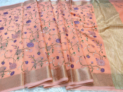 Peach shade kota  embroidery Banarasi saree