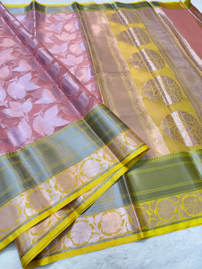Peach shade kora organza Banarasi saree