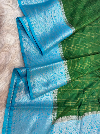 Bottle green & firozi shade  Dupion Silk premium Banarasi Saree