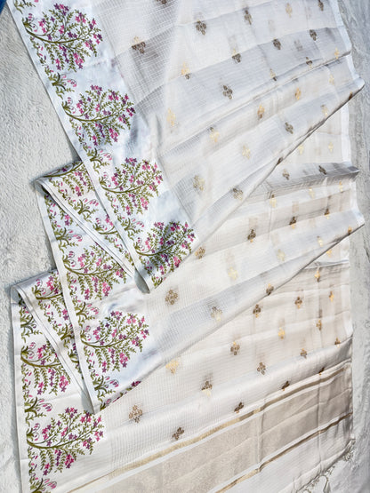 White shade soft cotton kota designer embroidery premium Banarasi saree