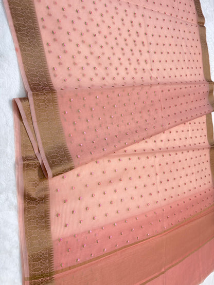 Peach shade kota designer embroidery Banarasi saree