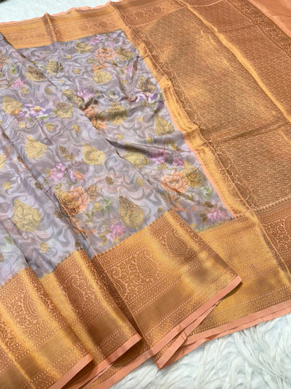 Grey peach & multicolour shade georgatte digital print Banarasi saree