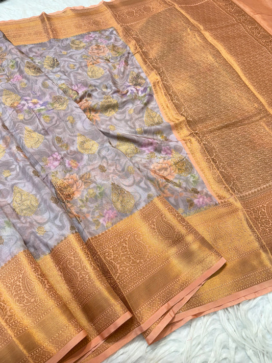 Grey peach & multicolour shade georgatte digital print Banarasi saree