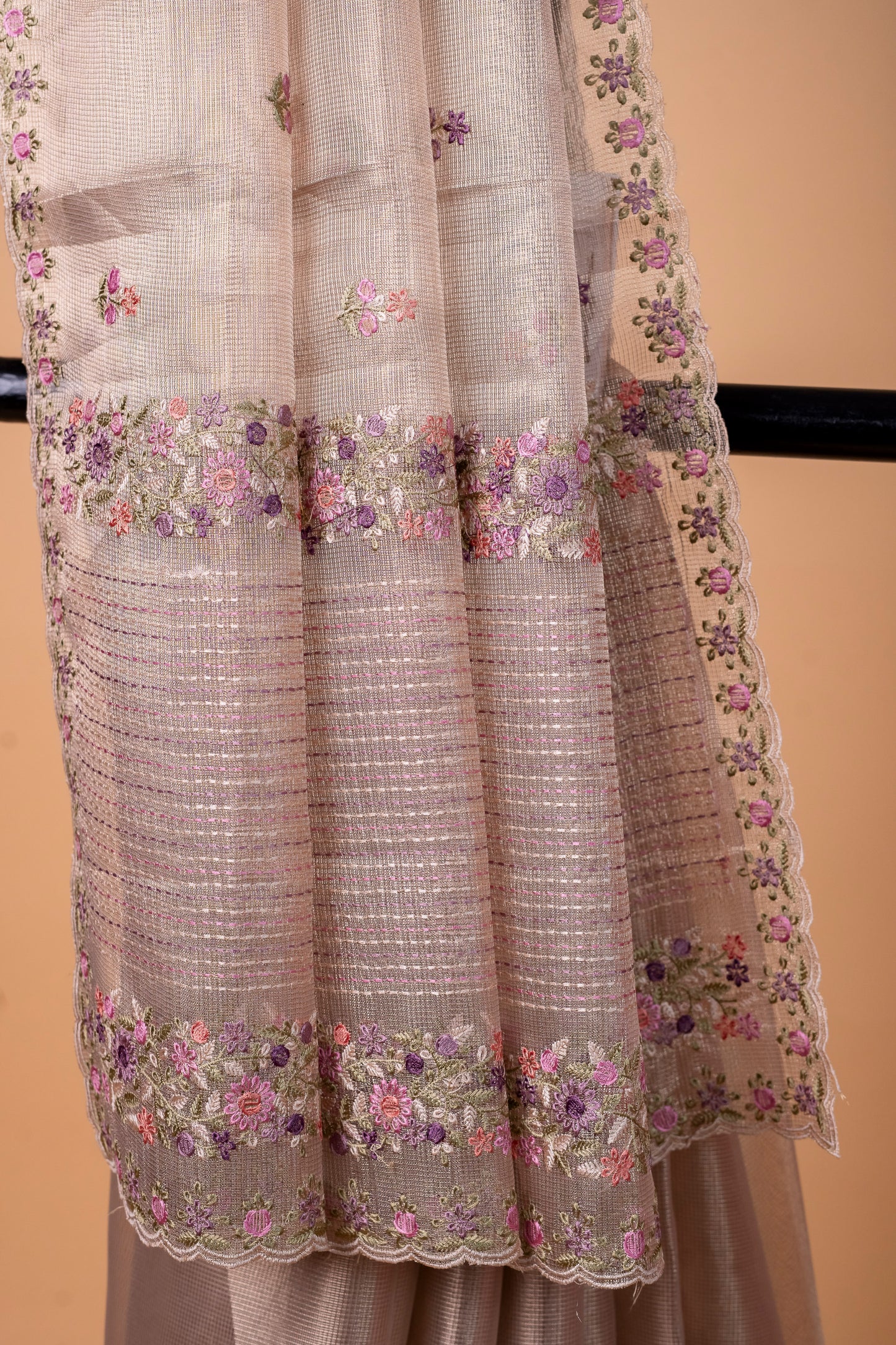 Beige shade tissue kota designer embroidery premium Banarasi saree