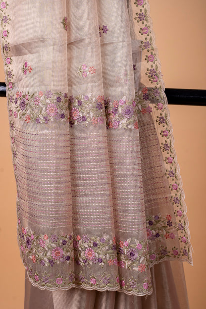 Beige shade tissue kota designer embroidery premium Banarasi saree