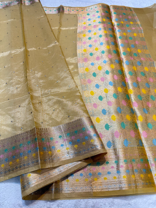 Gold shade tissue kota mirror work premium Banarasi saree