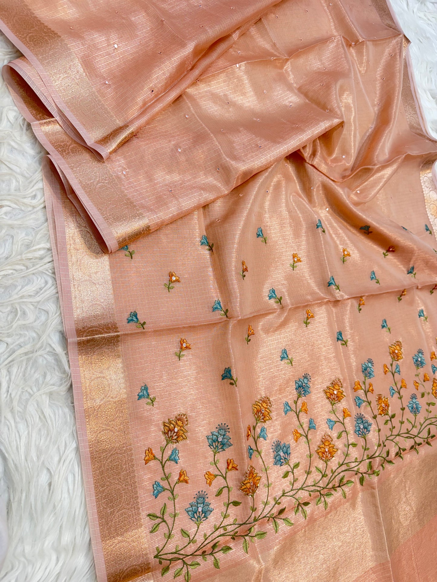 Peach shade tissue kota embroidery mirror work premium Banarasi saree
