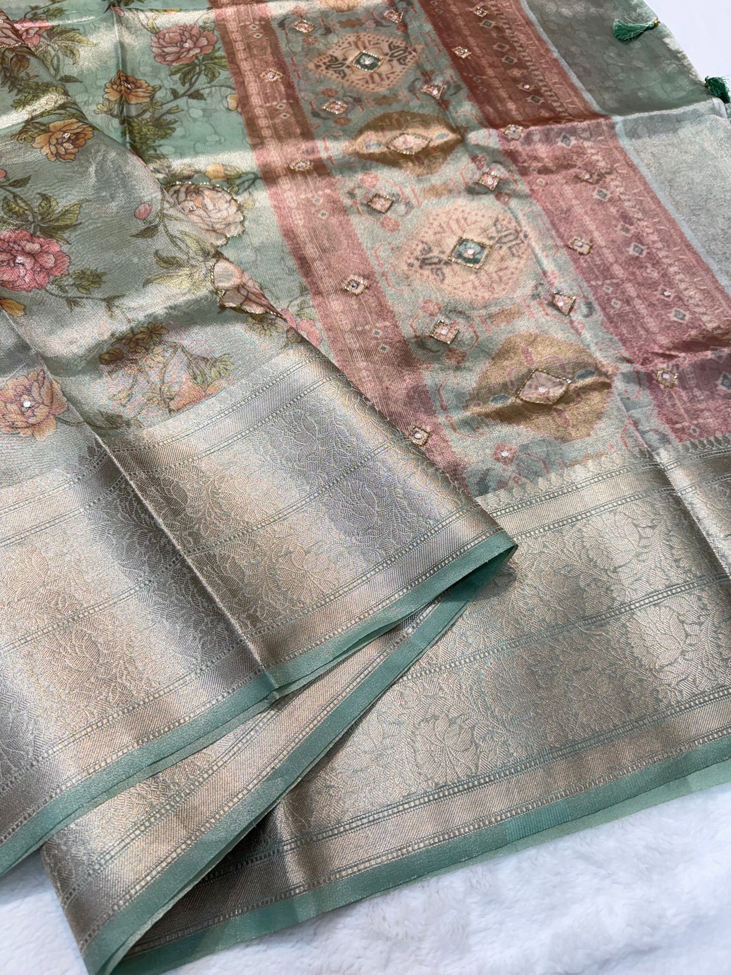 multicolour tissue silk digital print handwork premium Banarasi saree