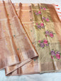 Peach shade kota tissue kota designer embroidery handwork premium Banarasi saree