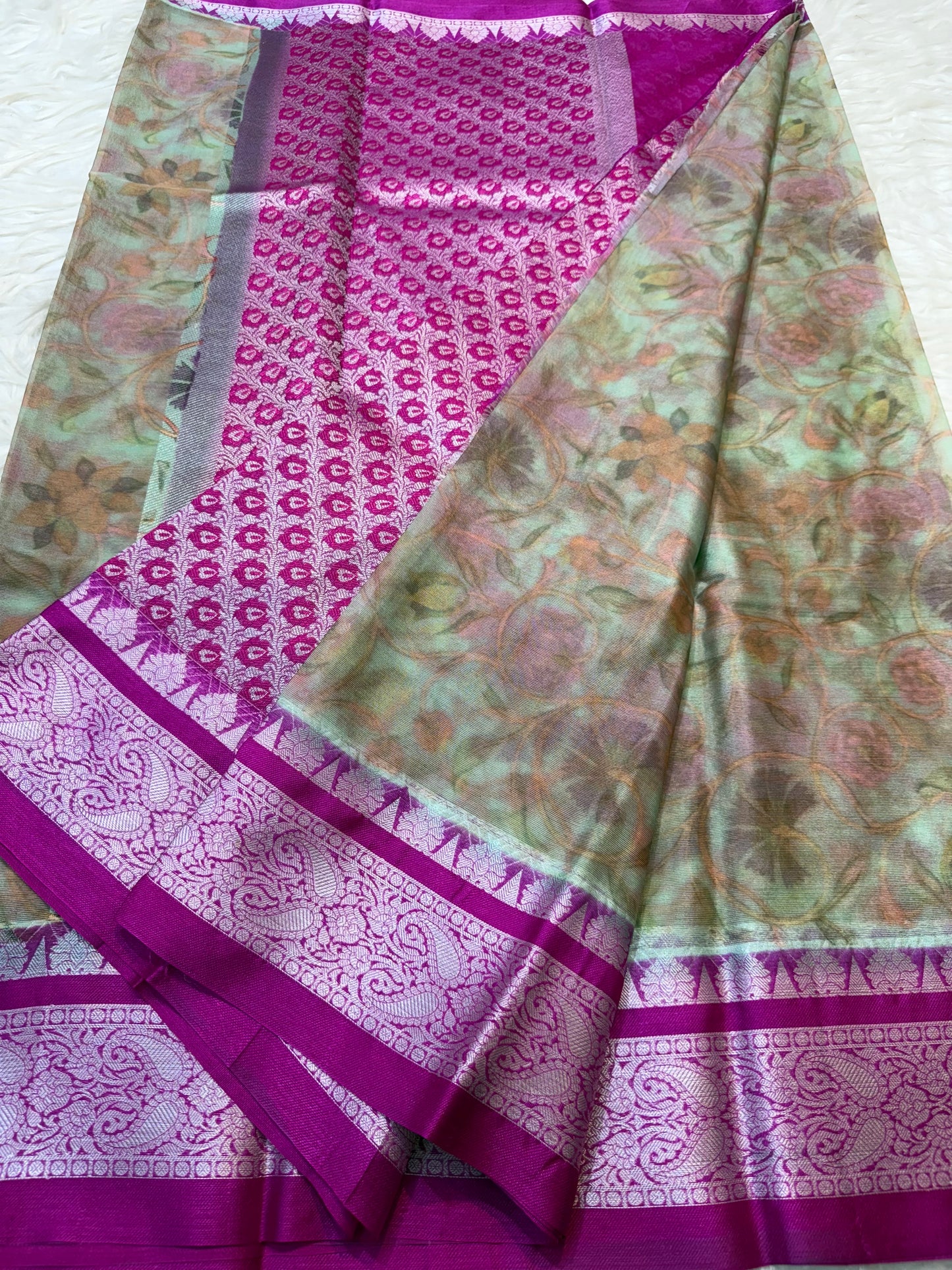 Multi colore warm silk digital print Banarasi saree