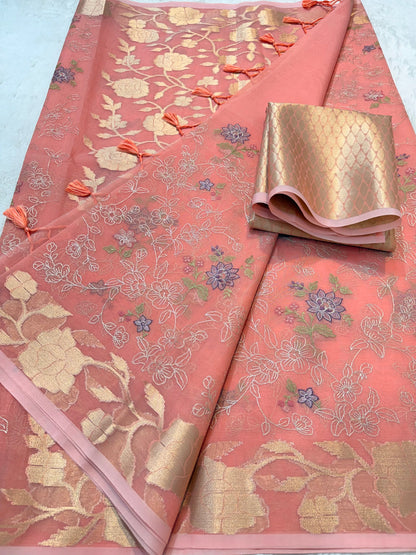 Peach shade organza designer  embroidery premium Banarasi saree