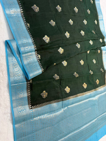 Mehendi & sea green  shade raw mango premium Banarasi saree