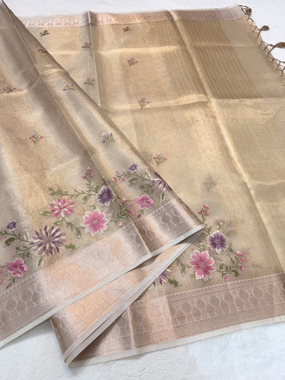 Beige shade tissue kota designer embroidery premium Banarasi saree