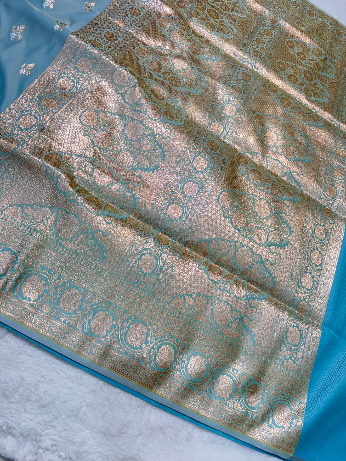 Powder blue shade satan katan premium Banarasi silk Saree
