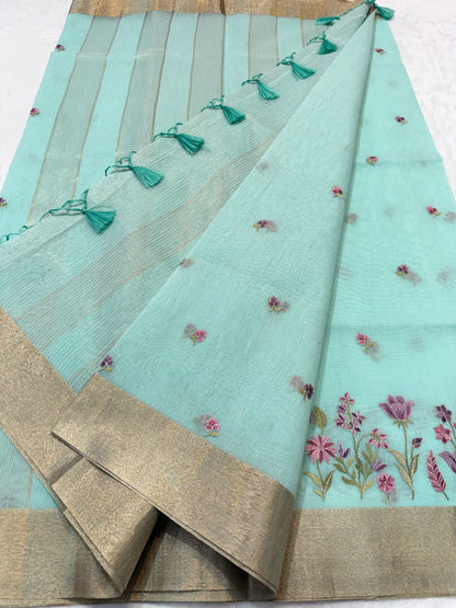 Turquoise shade linen embroidery premium Banarasi saree