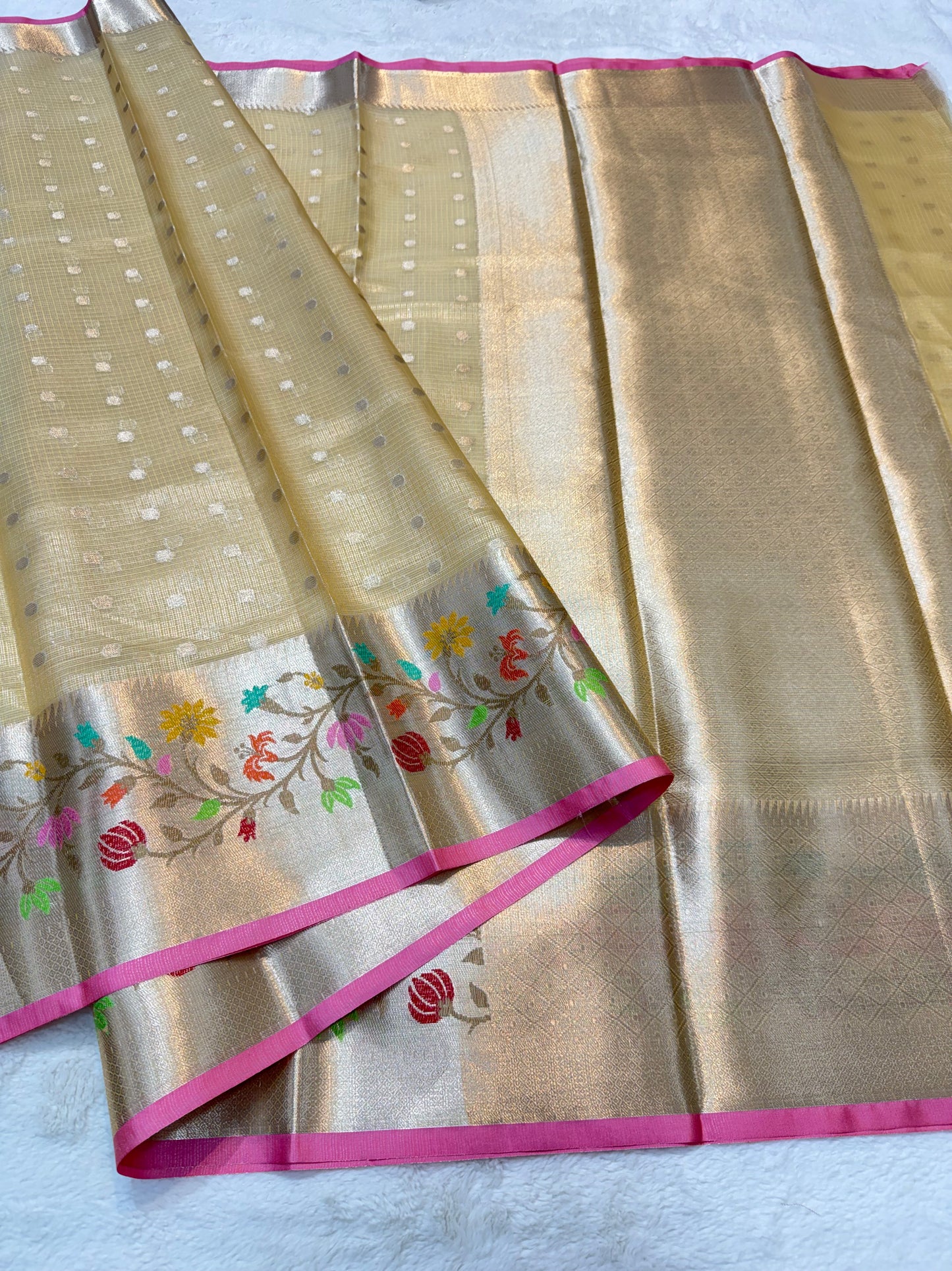 Gold & multicolour shade tissue kota premium paithani border designer banarasi saree