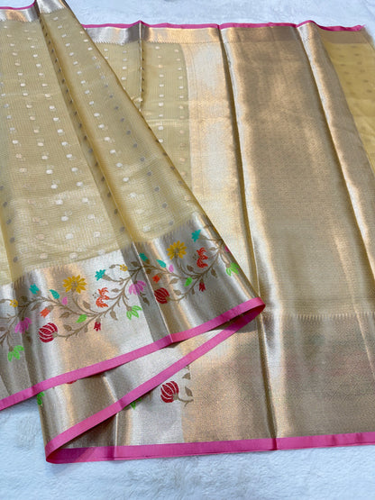Gold & multicolour shade tissue kota premium paithani border designer banarasi saree