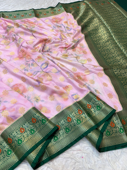 Pink bottle green & multicolour Dupion silk digital print Banarasi saree