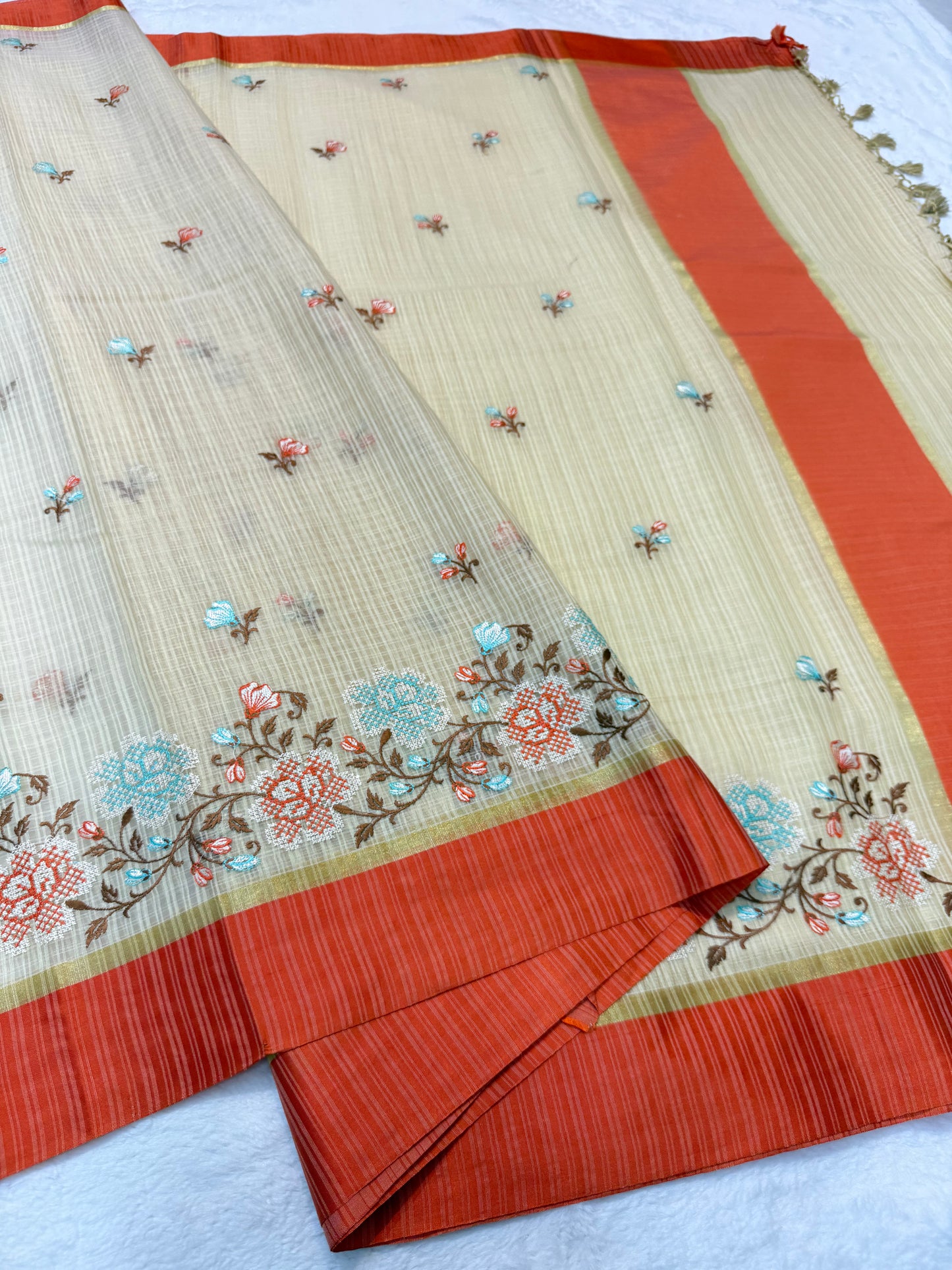 Beige orange shade kota embroidery Banarasi saree