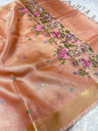 Peach shade kota tissue kota designer embroidery handwork premium Banarasi saree