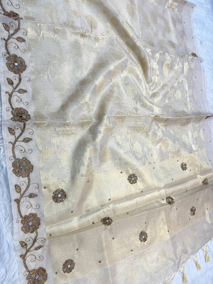 Off white  shade tissue kota designer handwork premium Banarasi saree