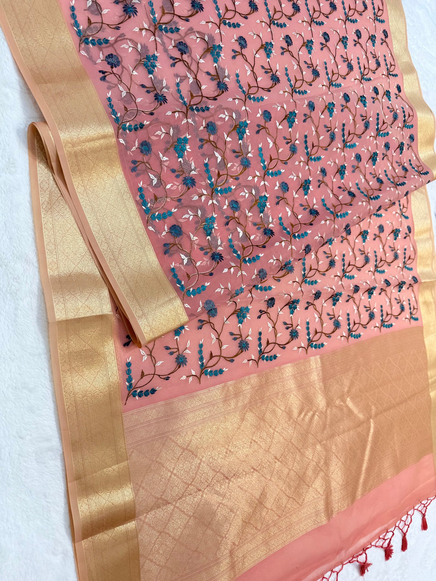 Peach shade organza designer premium embroidery Banarasi saree