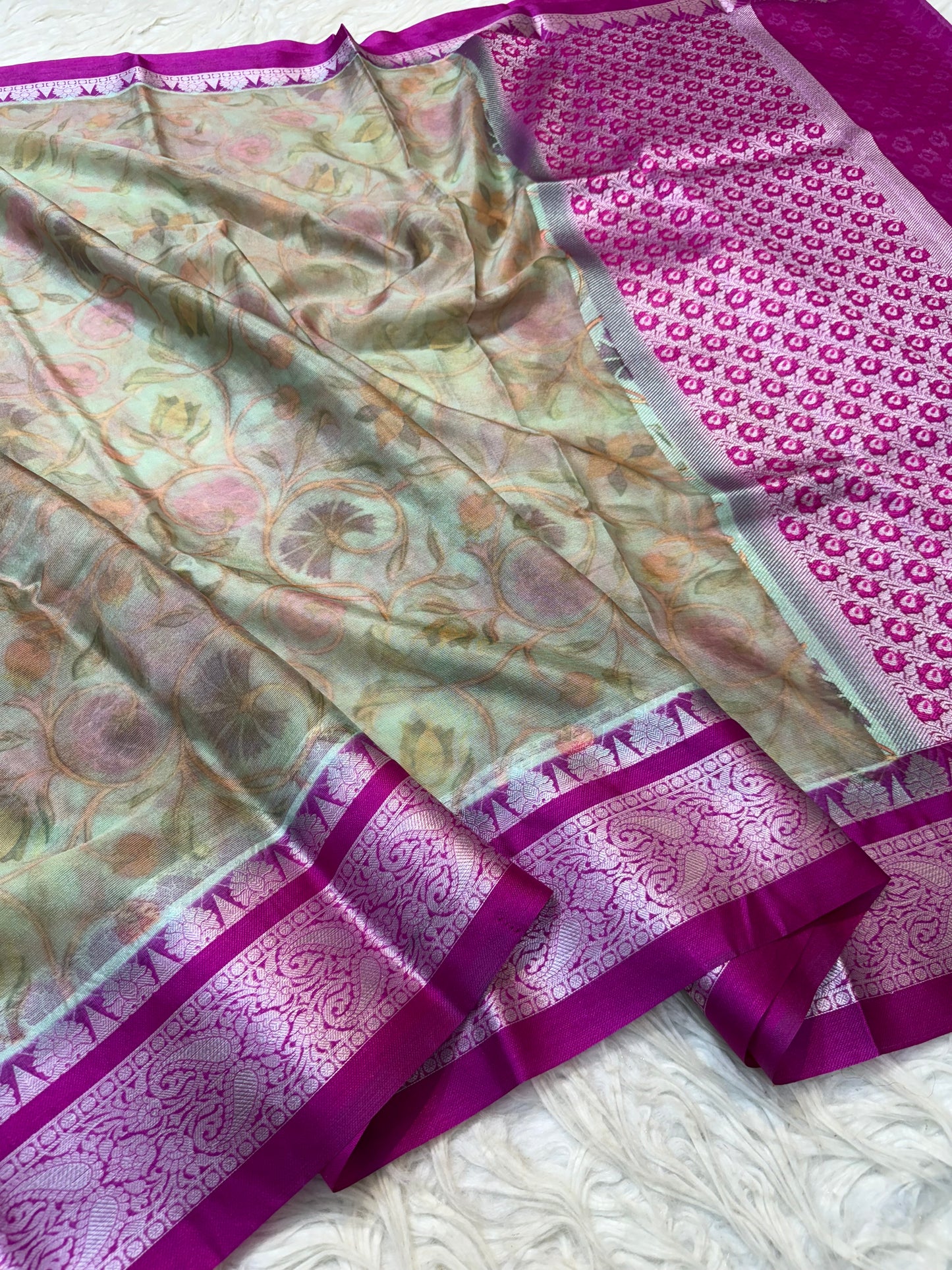 Multi colore warm silk digital print Banarasi saree