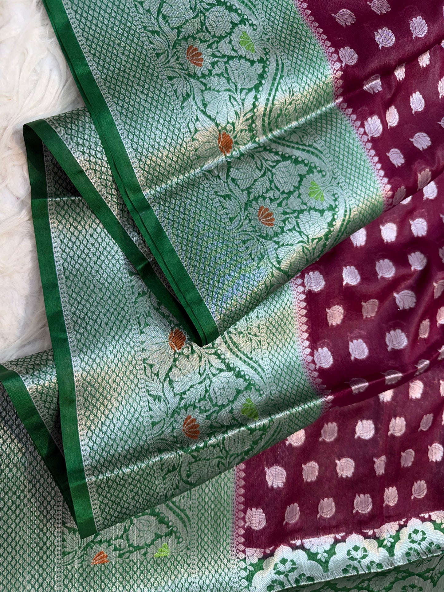 Maroon Bottle green  warm silk premium Banarasi saree