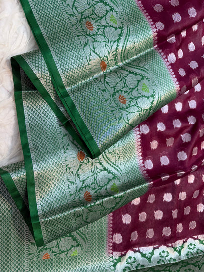 Maroon Bottle green  warm silk premium Banarasi saree