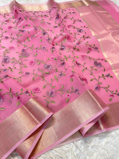 Pink organza embroidery Banarasi saree