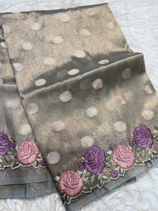Banarasi tissue cutwork embroidery saree