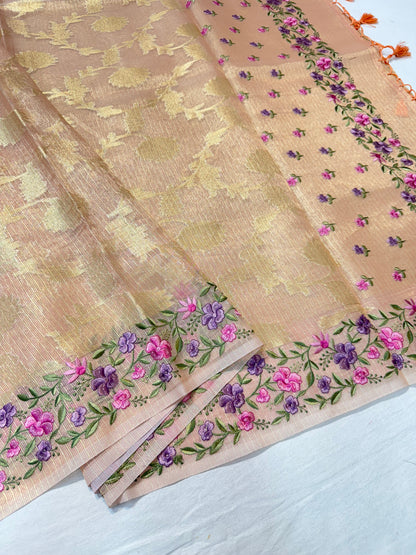Peach shade tissue kota designer embroidery premium Banarasi saree