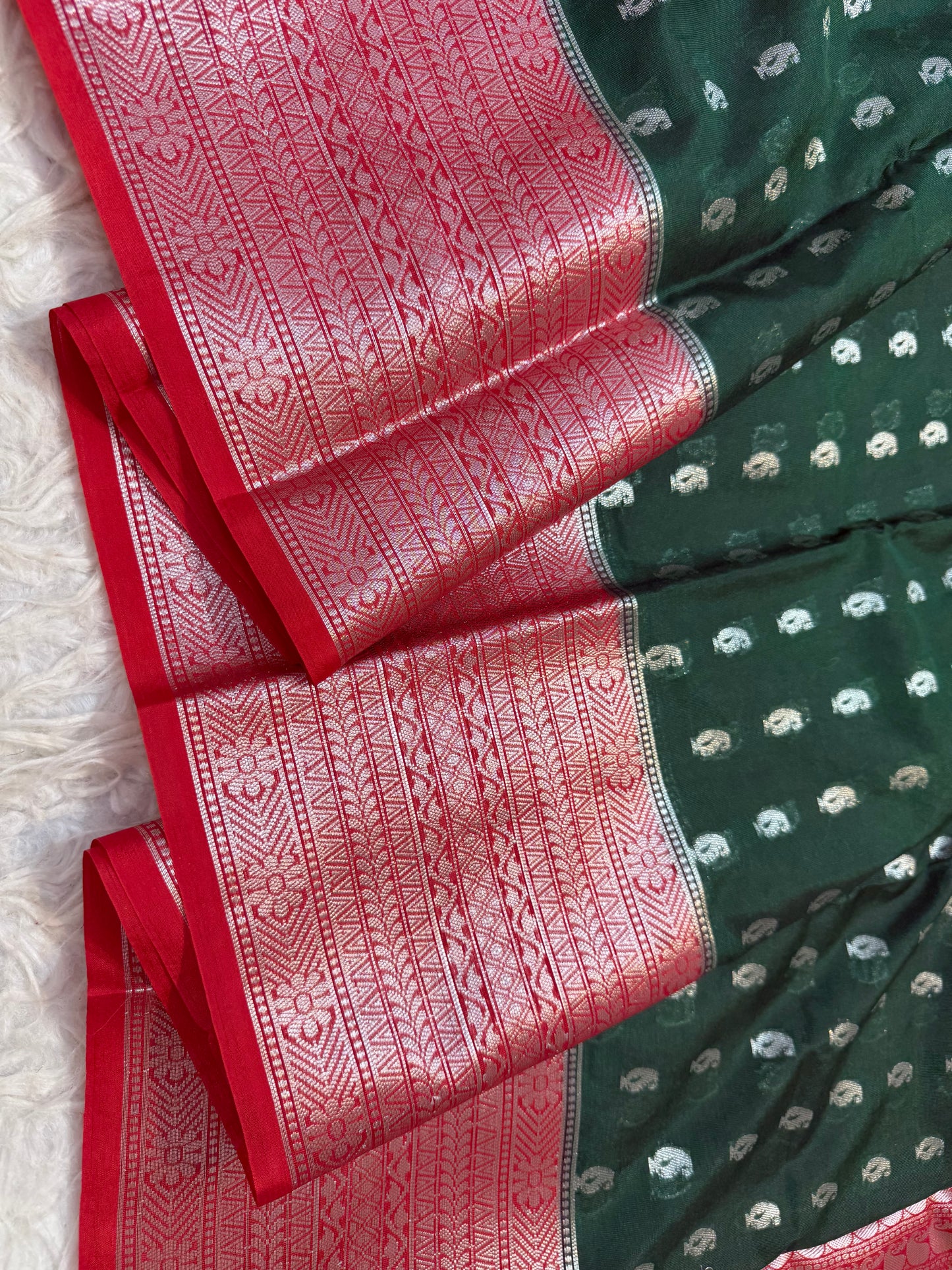 Bottle green red warm silk premium Banarasi saree