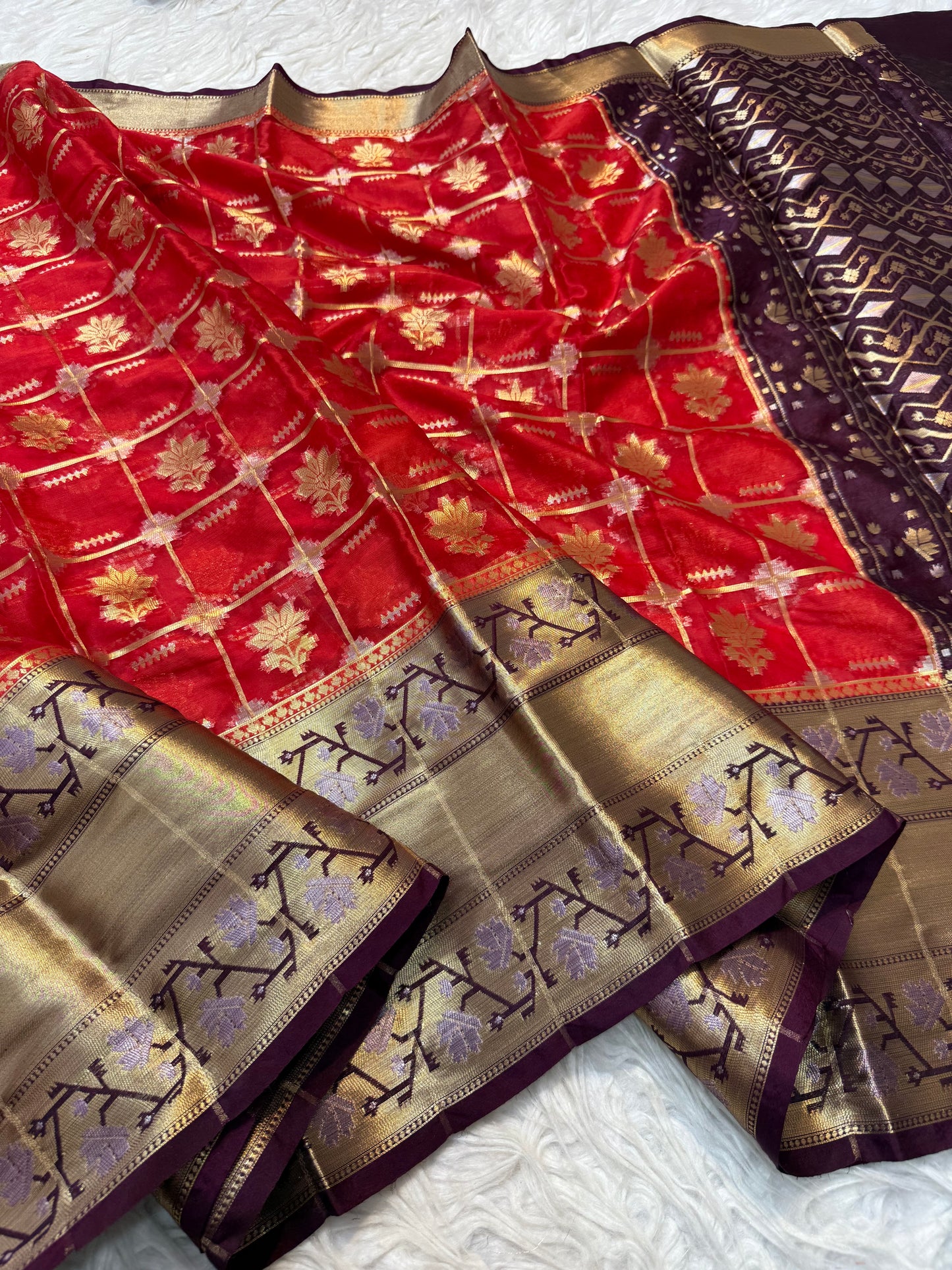Red wine shade kora silk premium Banarasi saree
