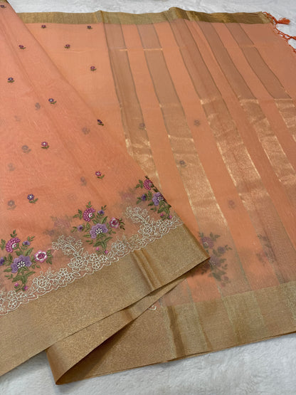 Peach shade linen embroidery Banarasi saree