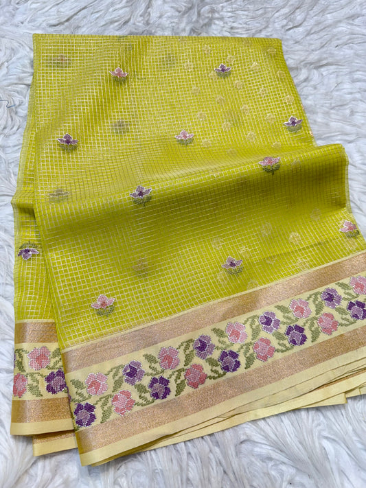 Mustard shade kora organza  embroidery Banarasi saree