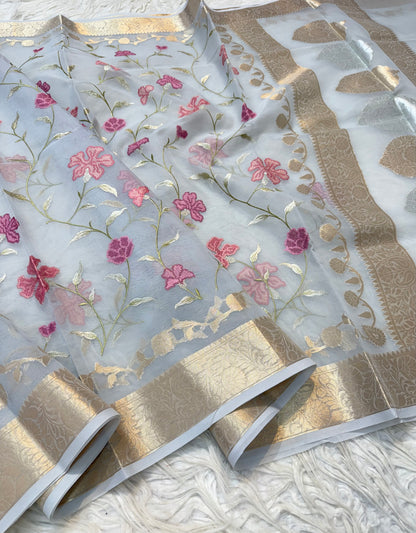 Grey shade  kora organza embroidery Banarasi saree