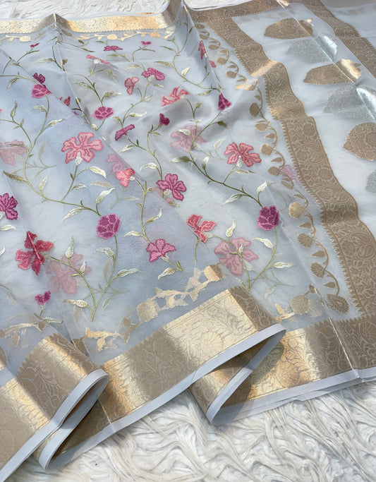Grey shade  kora organza embroidery Banarasi saree