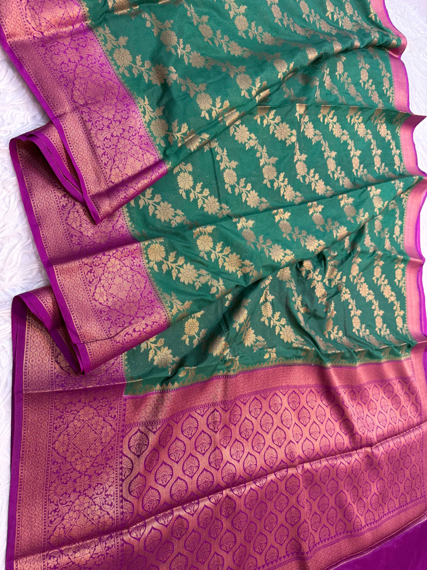 Bottle green & magenta shade georgette Banarasi saree