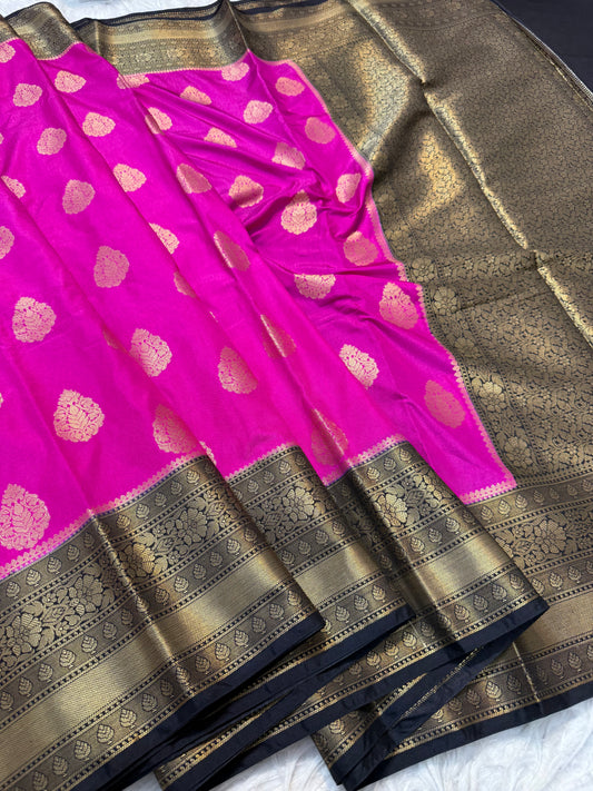 Royal pink black shade Dupion Silk premium Banarasi Saree