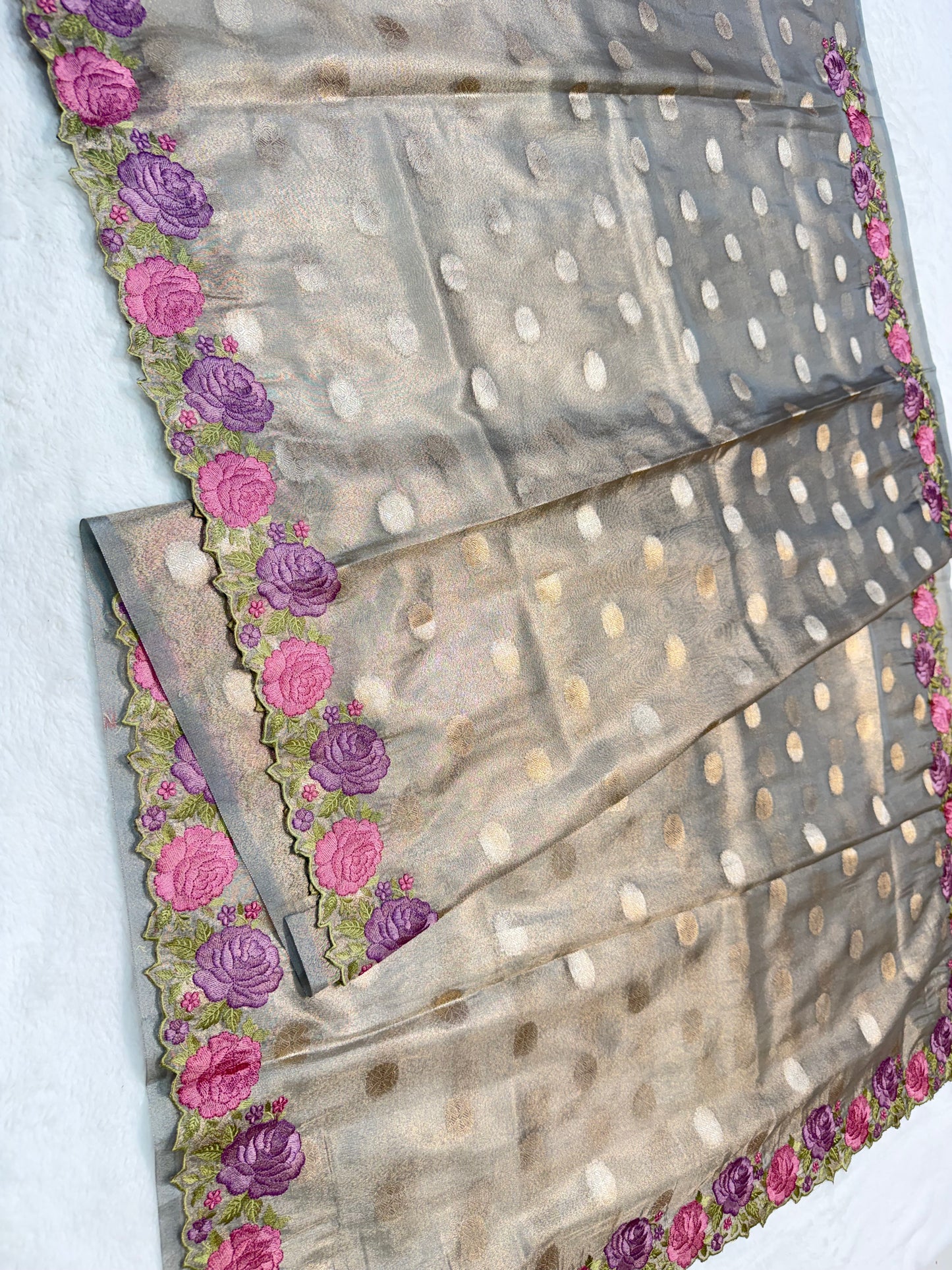 Grey shade tissue cutwork embroidery premium designer Banarasi saree