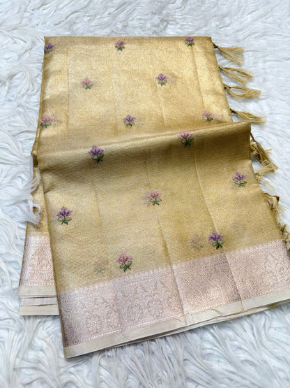 Gold shade tissue kota embroidery primum Banarasi saree